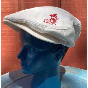 Vintage Disney Mickey Mouse Flat Cap Newsboy Hat White Red USA Made Snap Bill